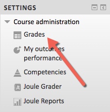screenshot of the Settings block, highlighting the Grades link which will be moved to the NEW Gradebook block on 6/17/2017