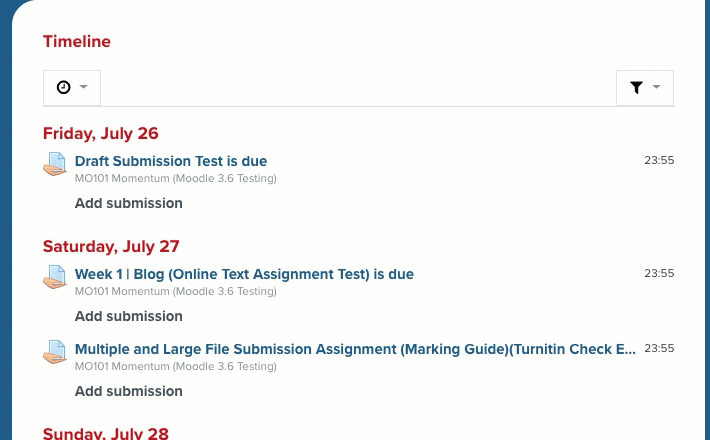 Animated preview of the new timeline feature which shows the ability to sort assignments by course or by date. 